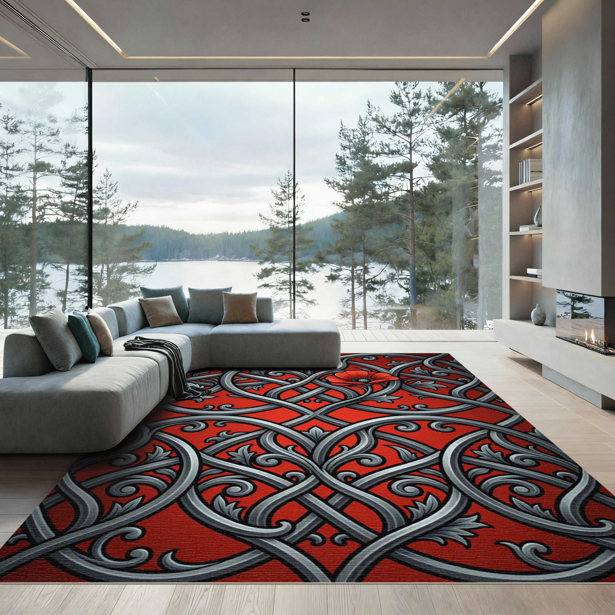 Intricate Gray Poppy Floral Swirl Rug