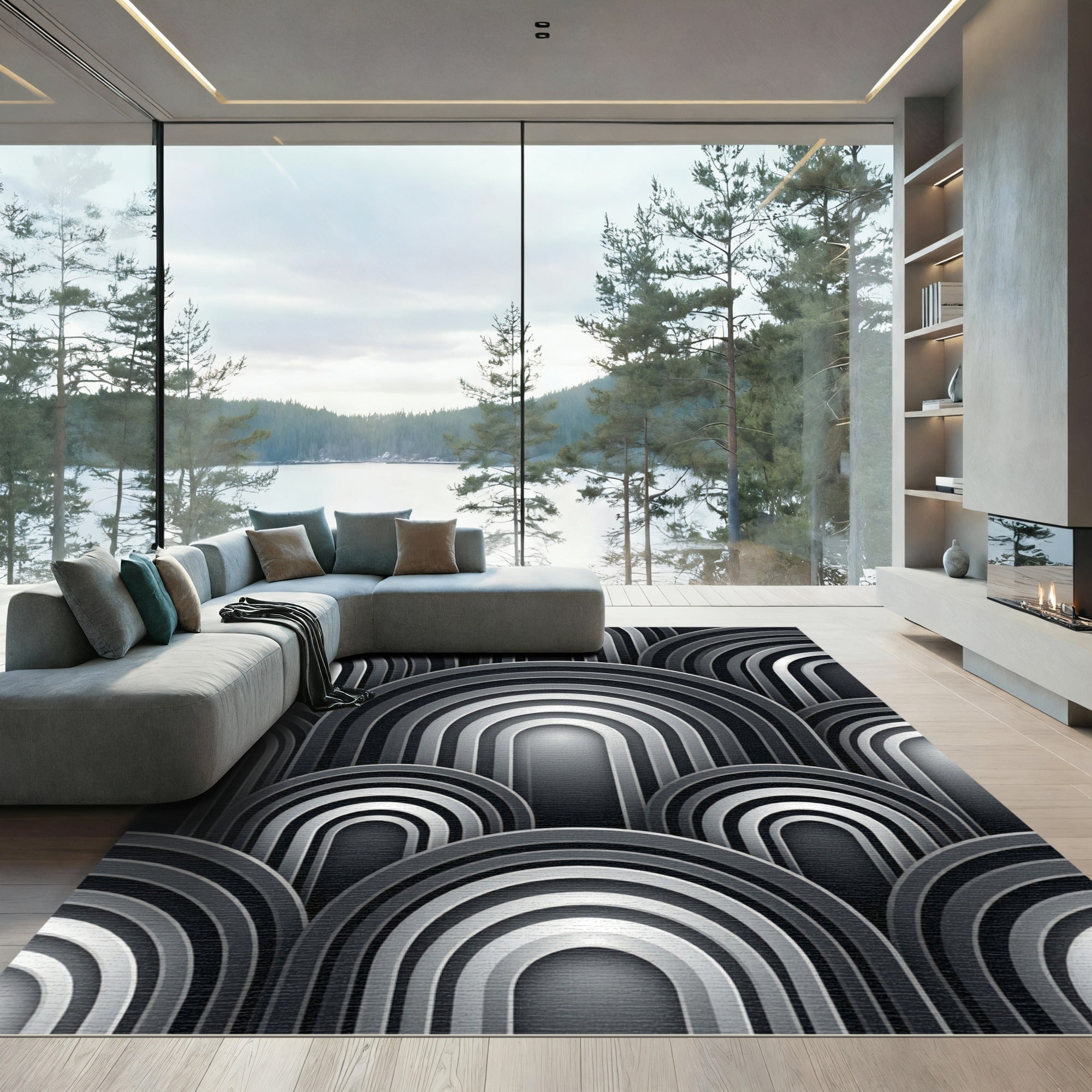 Monochrome Arched Art Deco Geometric Rug