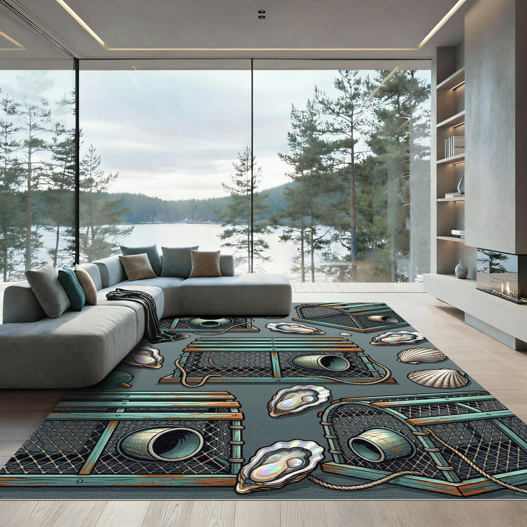 Coastal Teal Lobster Trap Oyster Illustration Rug