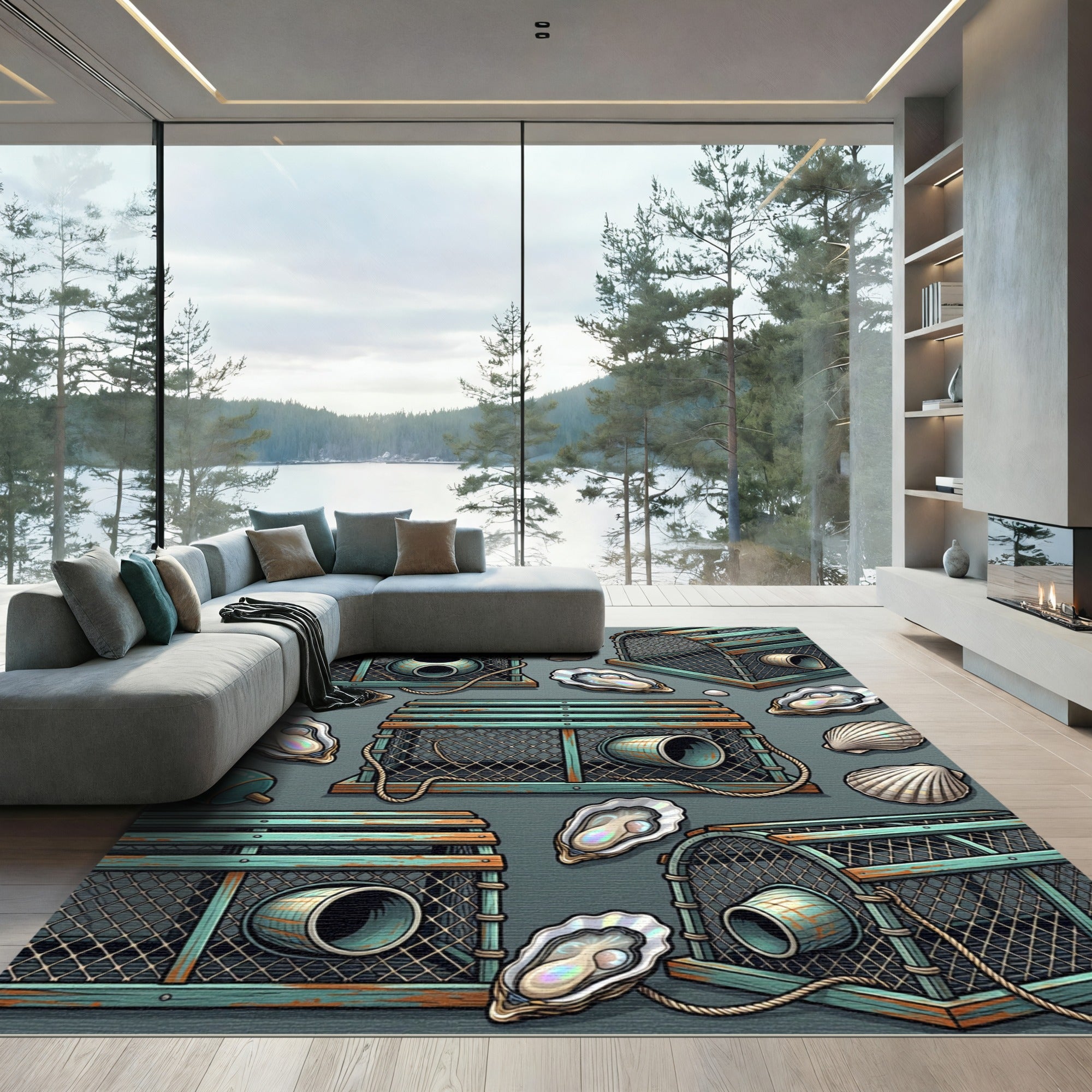 Coastal Teal Lobster Trap Oyster Illustration Rug