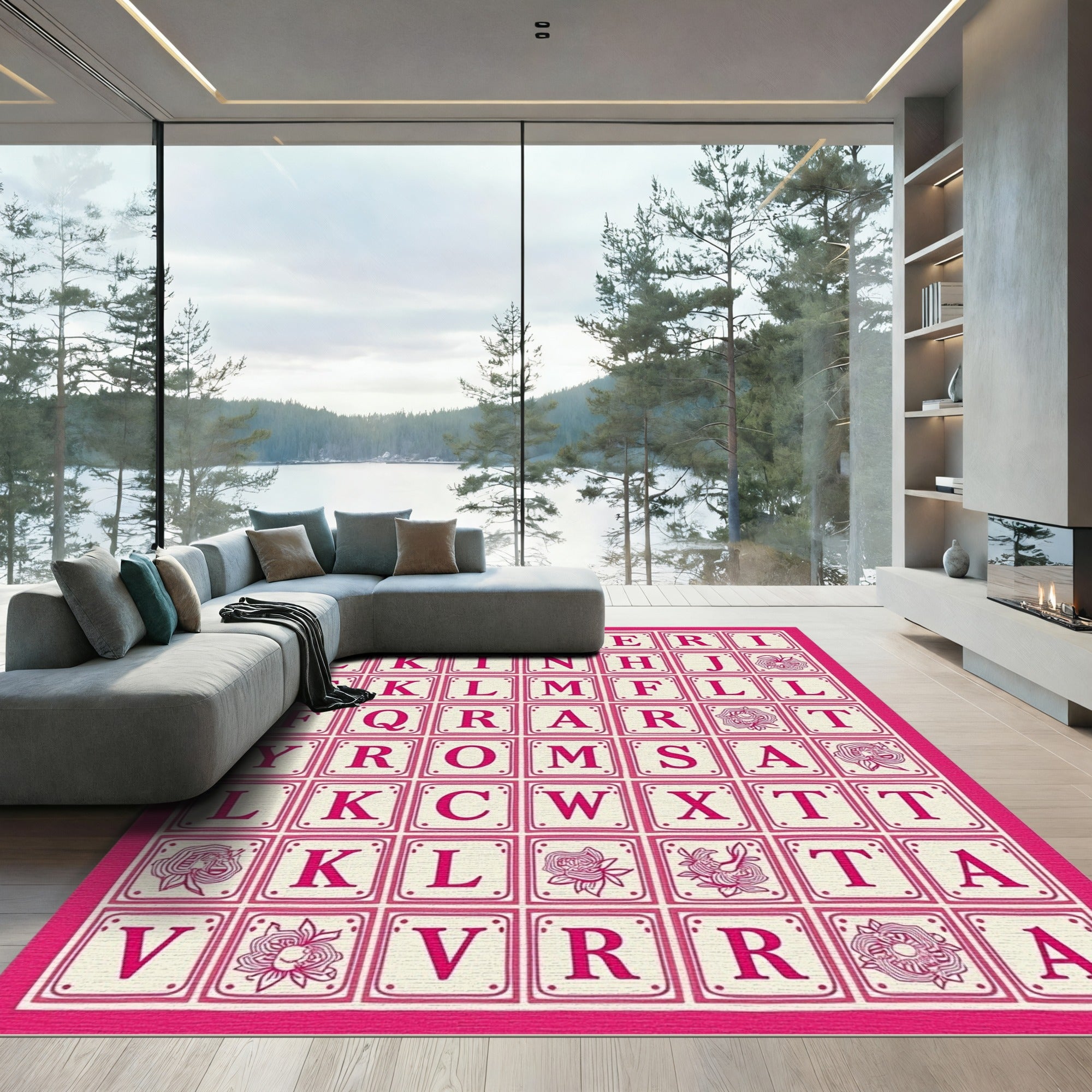 Pink Ivory Alphabet Floral Grid Rug