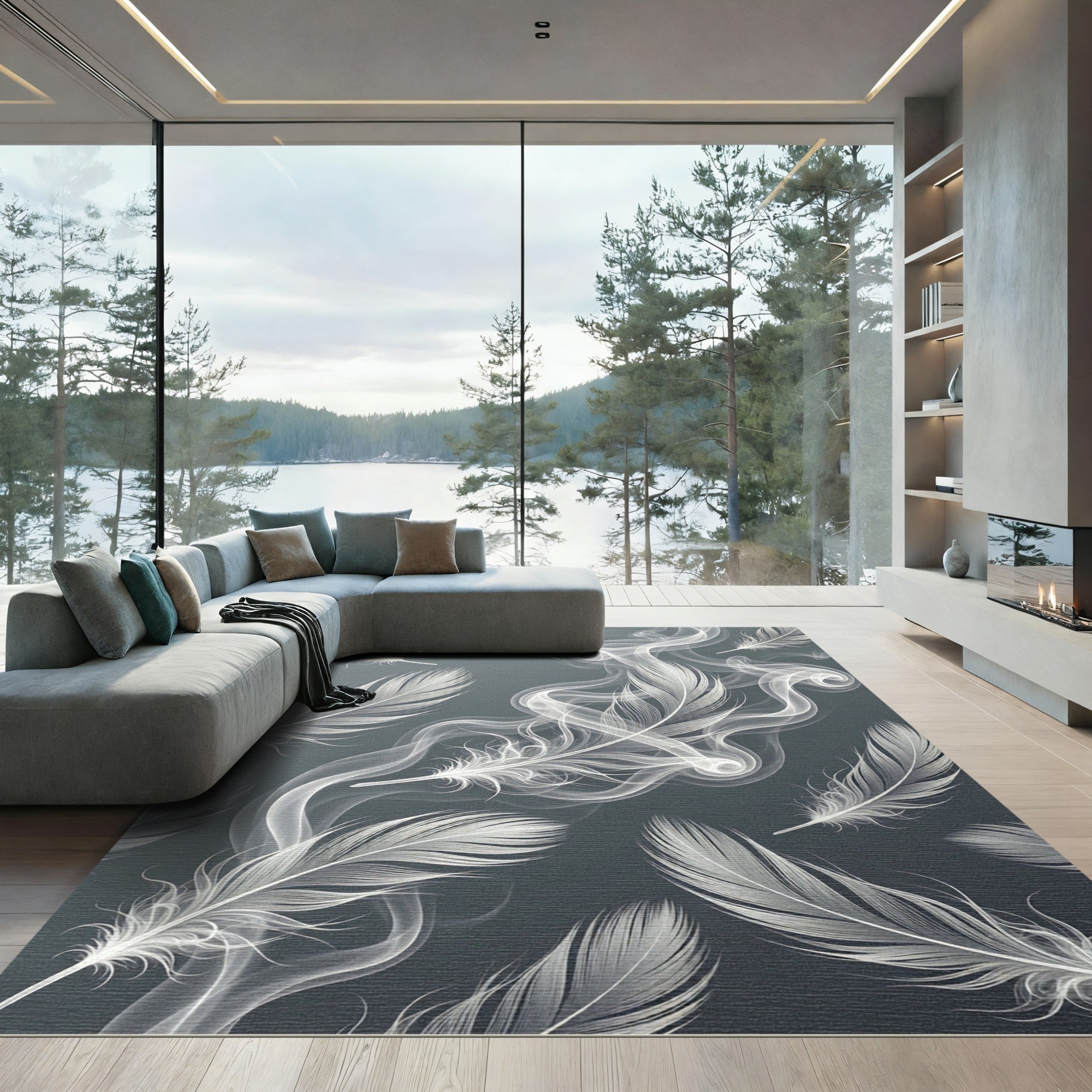 Ethereal White Smoke Feather Composition Rug