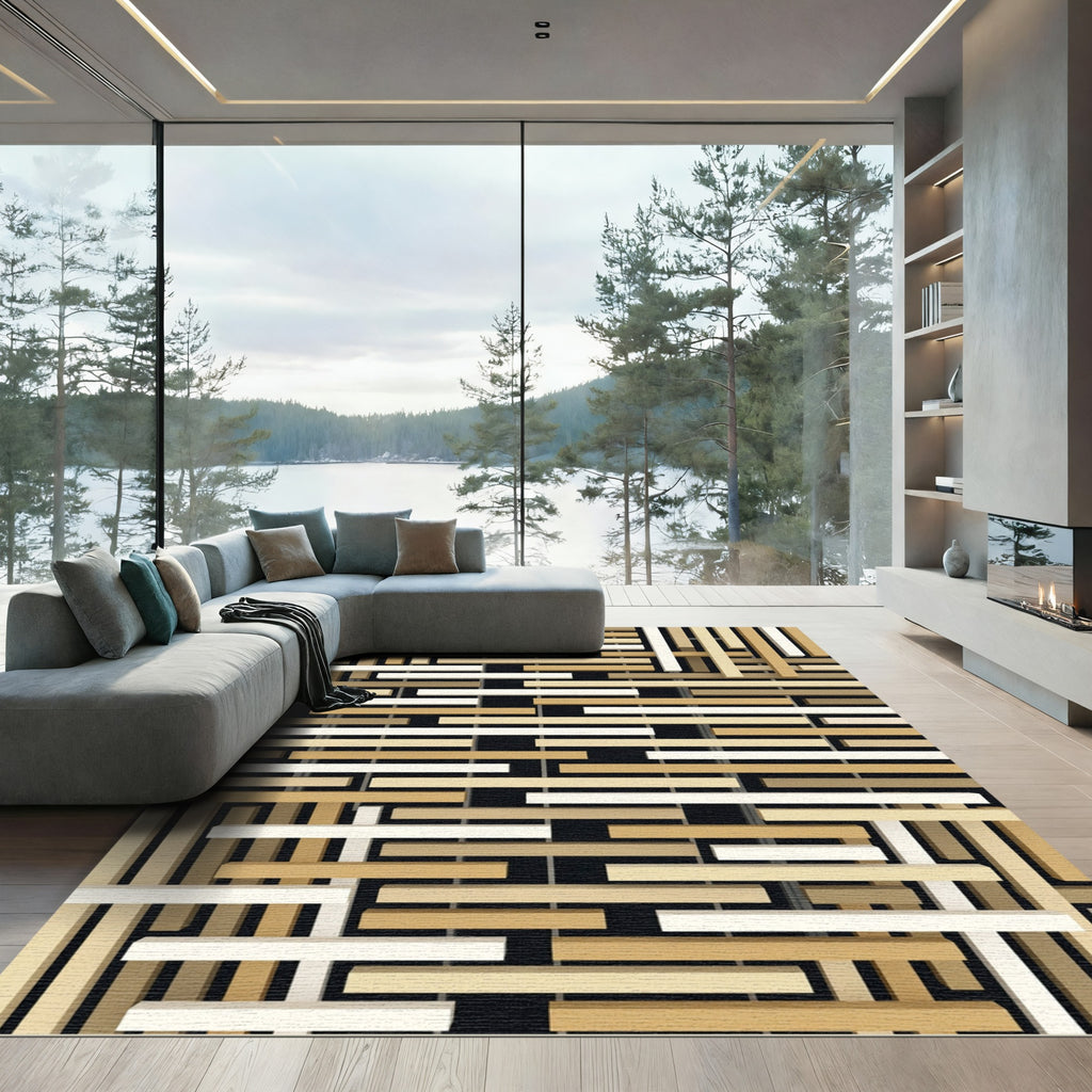 Textured Beige and White Latticework Rug