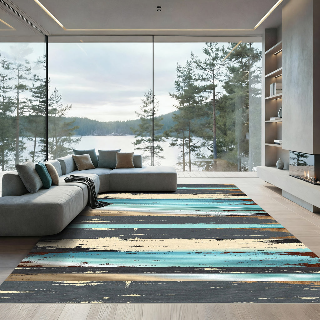 Coastal Distressed Horizontal Beach Stripe Rug