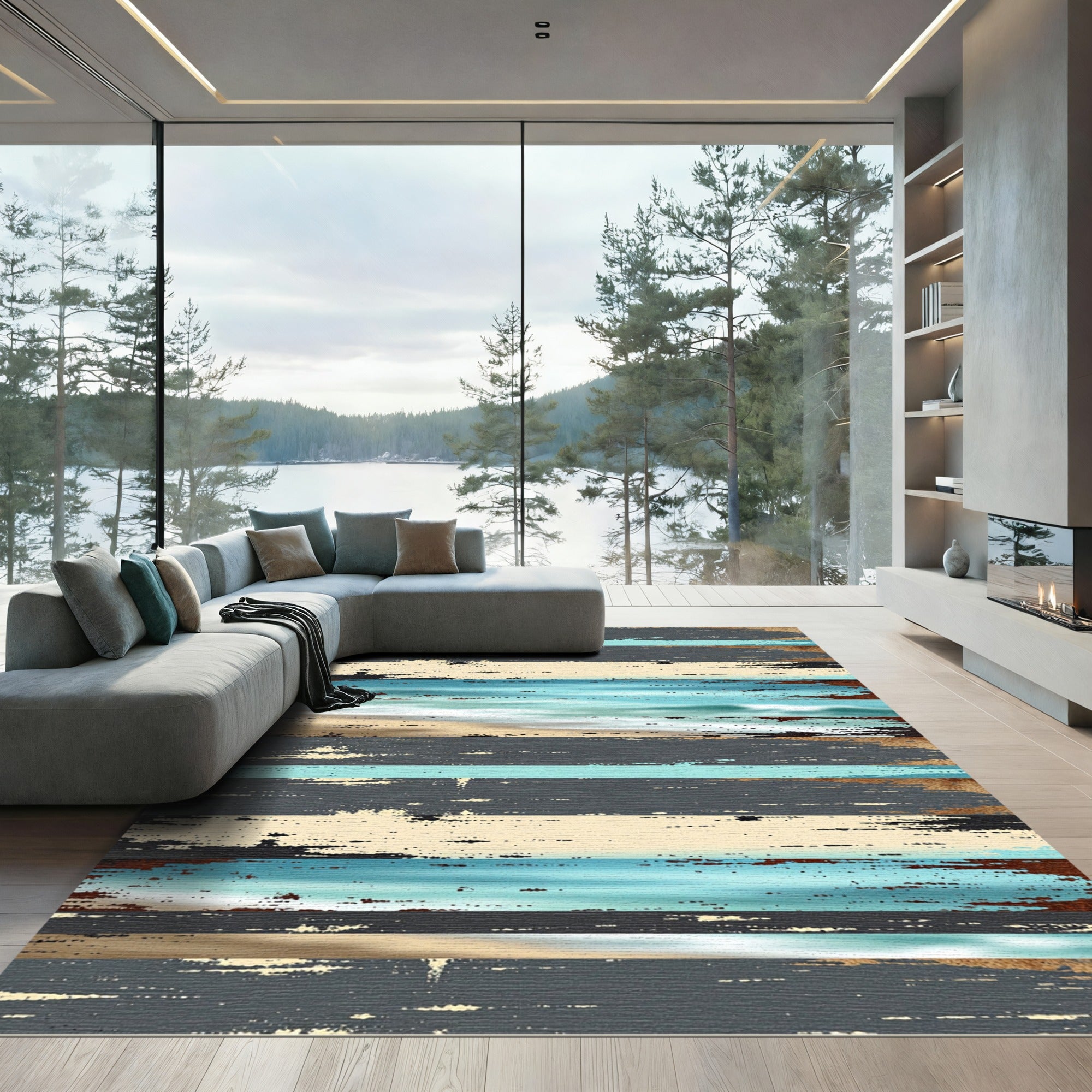 Coastal Distressed Horizontal Beach Stripe Rug