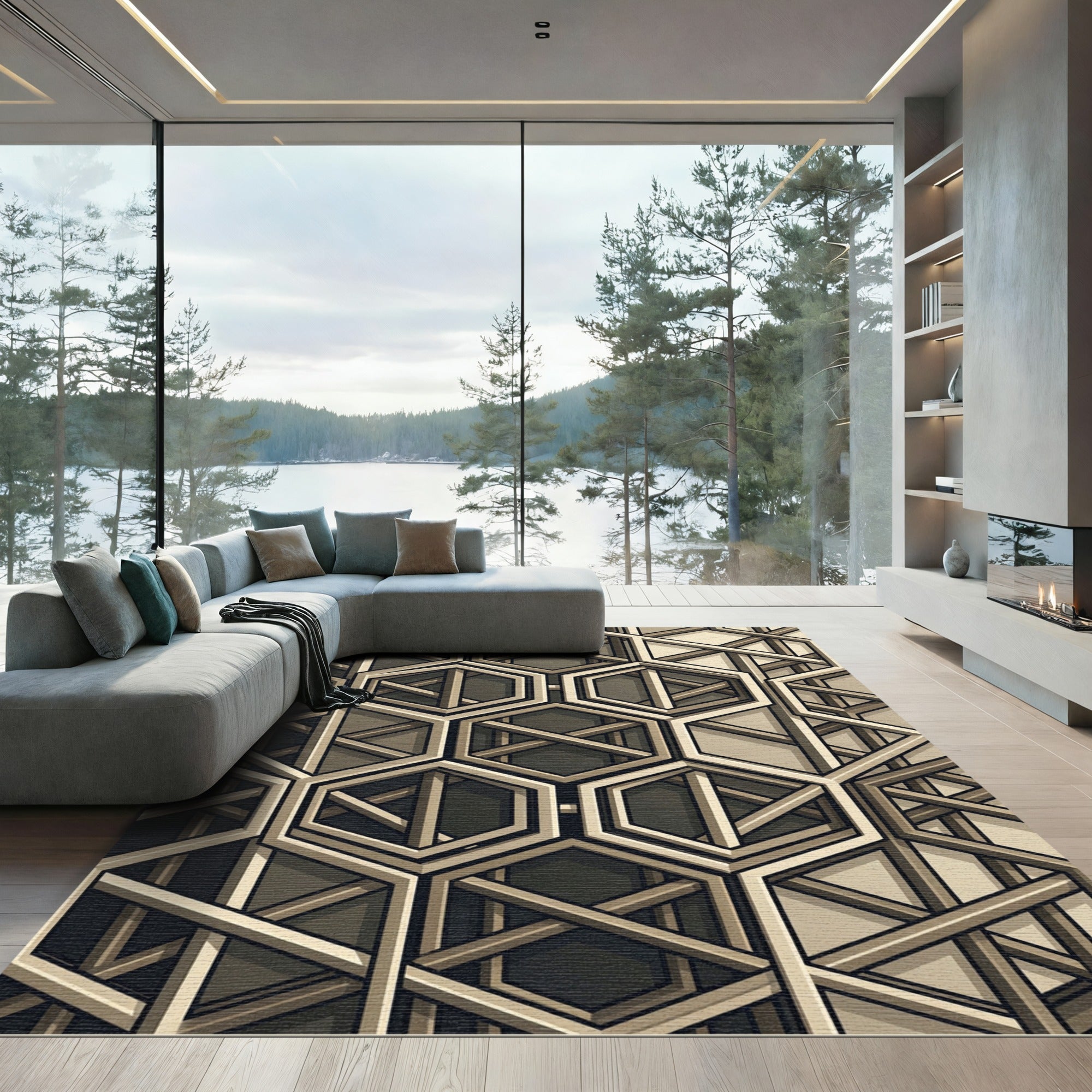 Sophisticated Neutral Geometric Hexagon Grid Rug