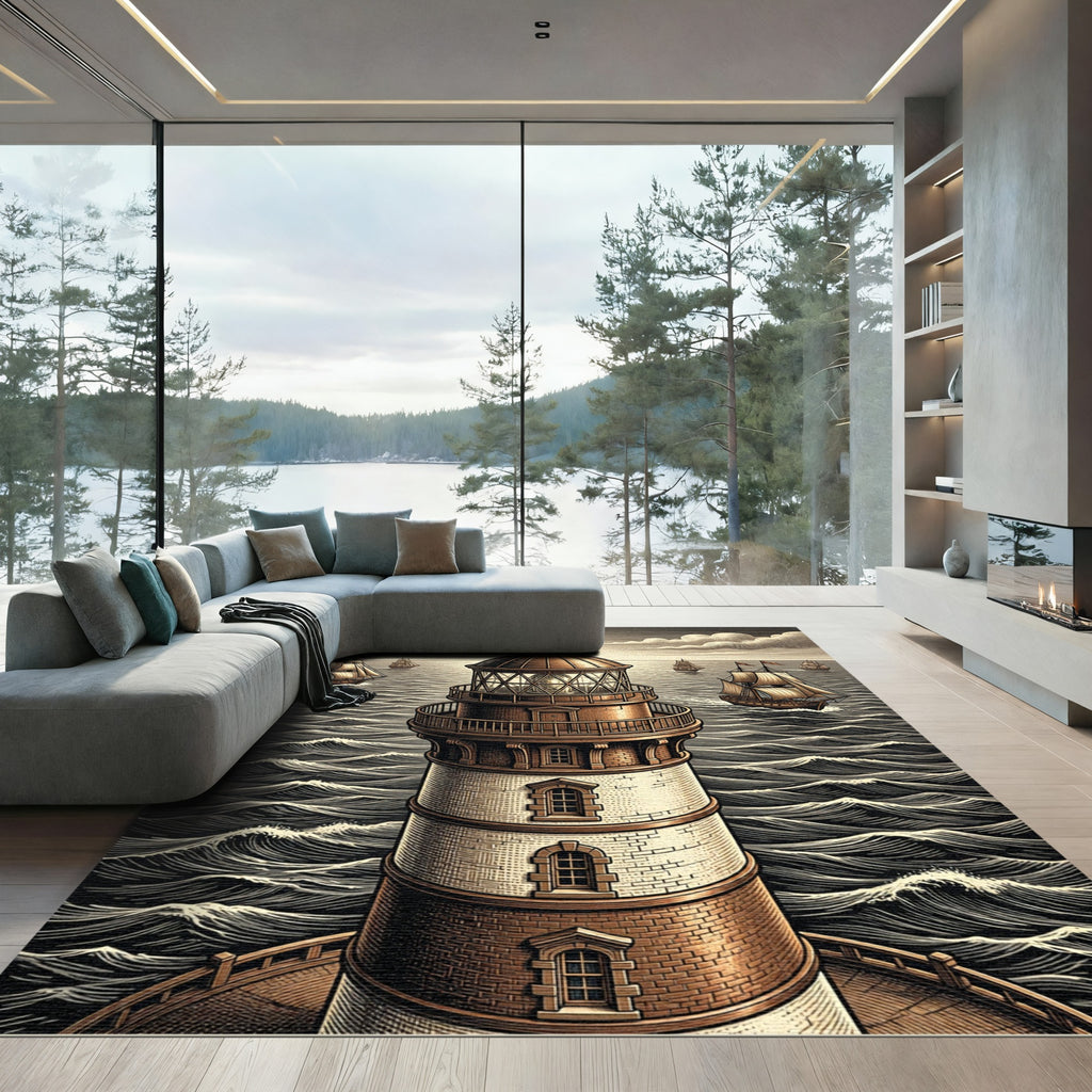 Sepia Nautical Lighthouse Ocean Vista Rug