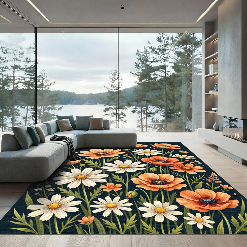 Orange and White Floral Meadow Rug