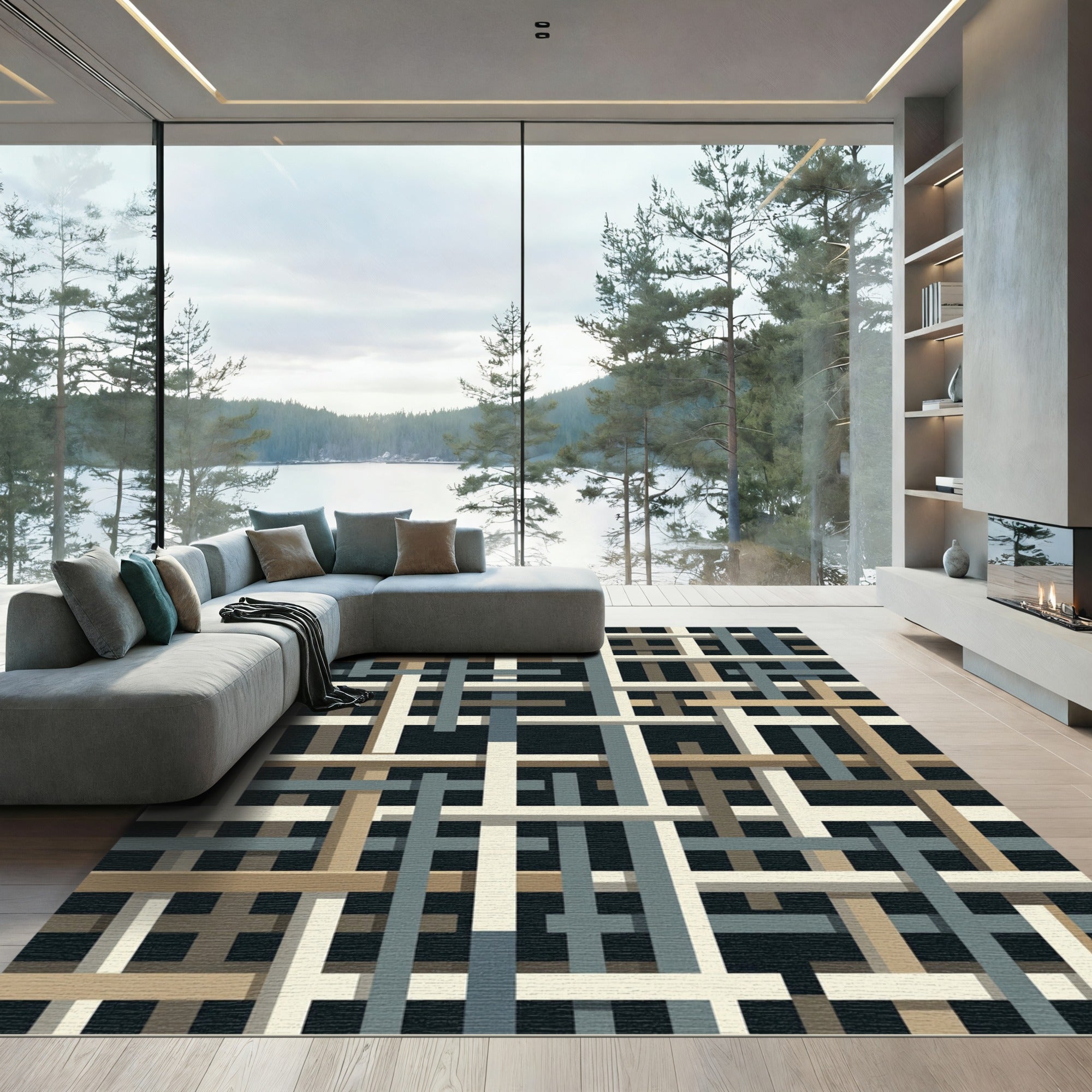 Neutral Tonal Intersecting Straps Abstract Rug