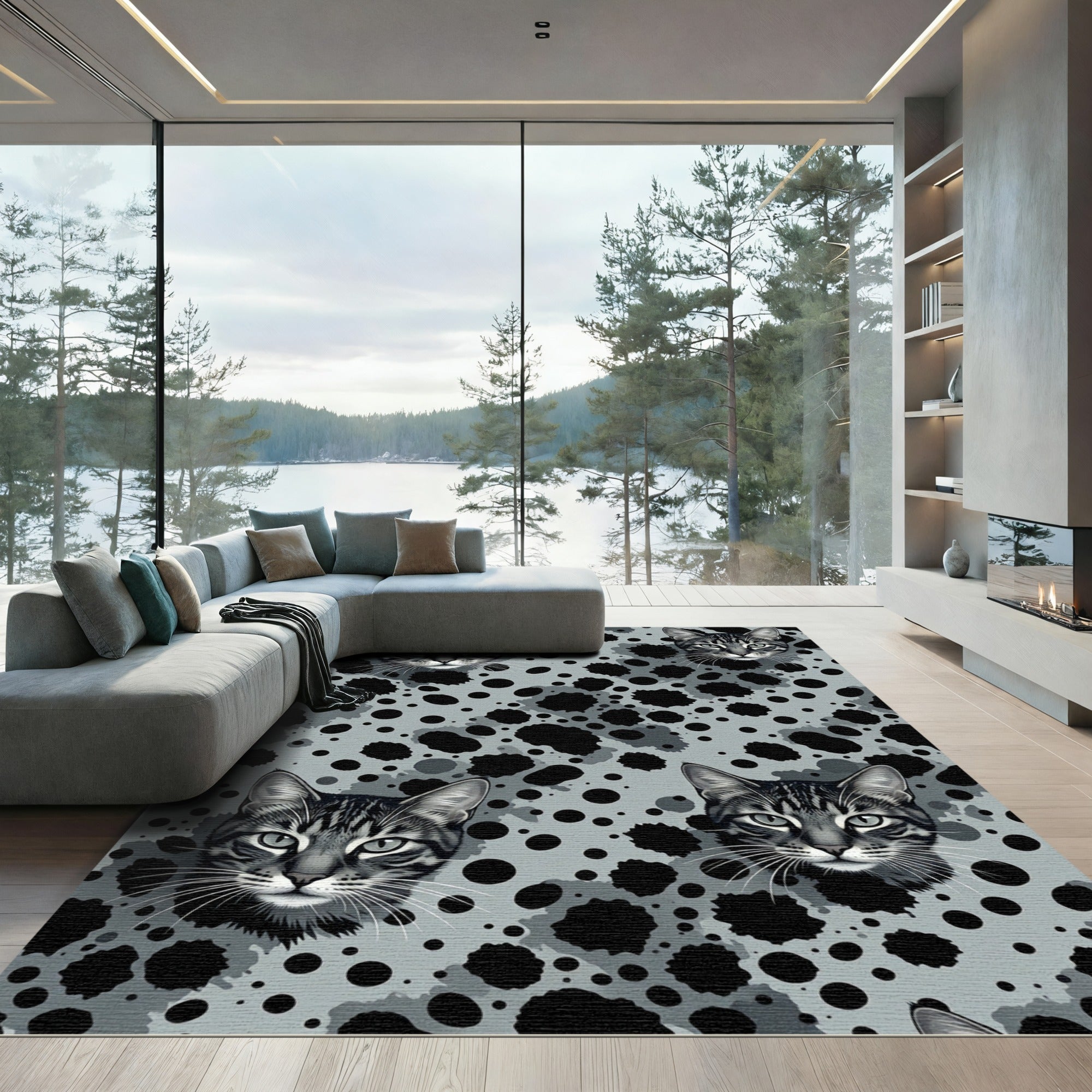 Gray Abstract Cat Head Splatter Rug