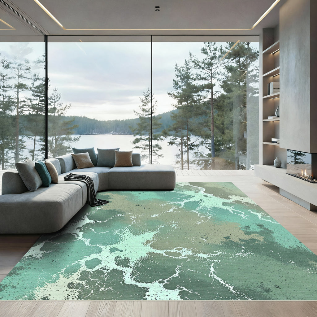 Ethereal Seafoam Green Abstract Wave Rug
