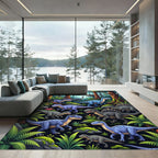 Vibrant Blue Dinosaur Jungle Landscape Rug
