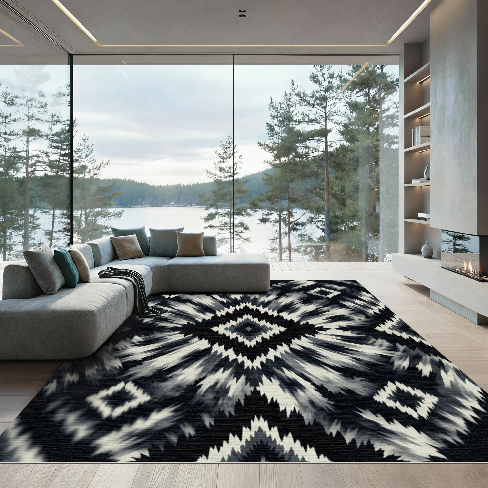 Black White Jagged Diamond Sunburst Rug
