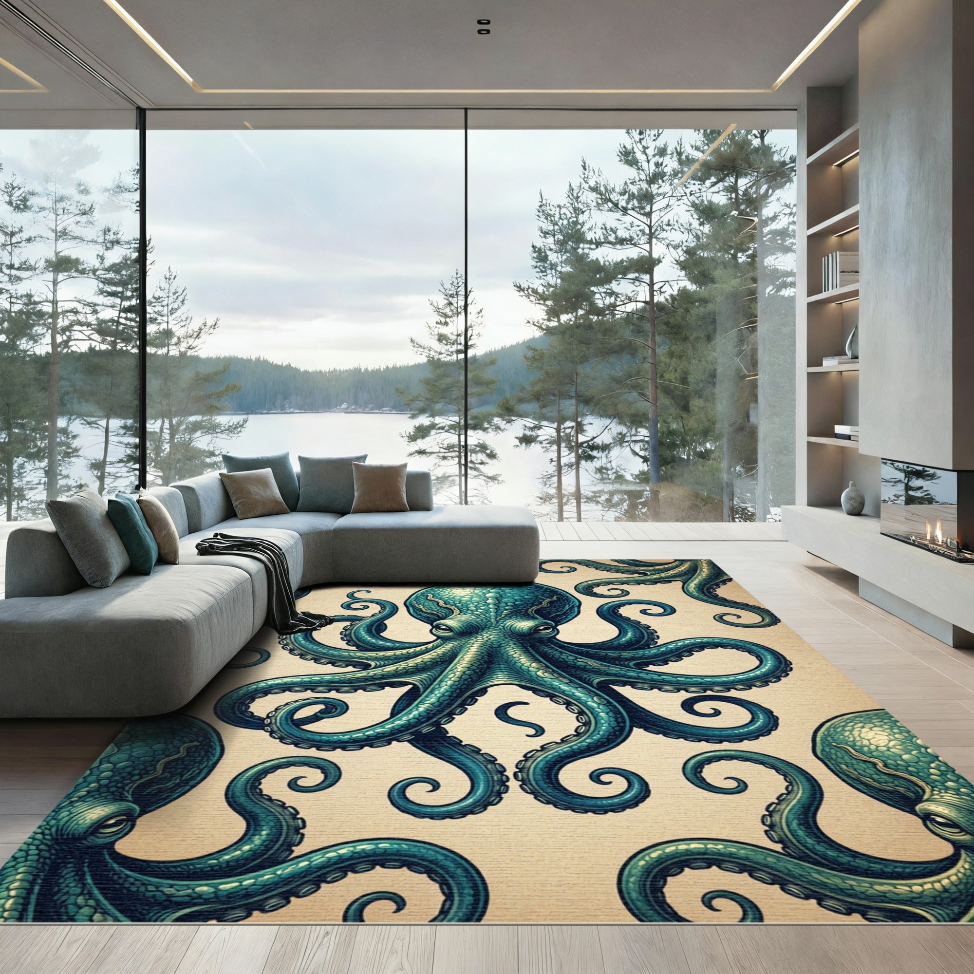 Teal Octopus Nautical Marine Medallion Rug