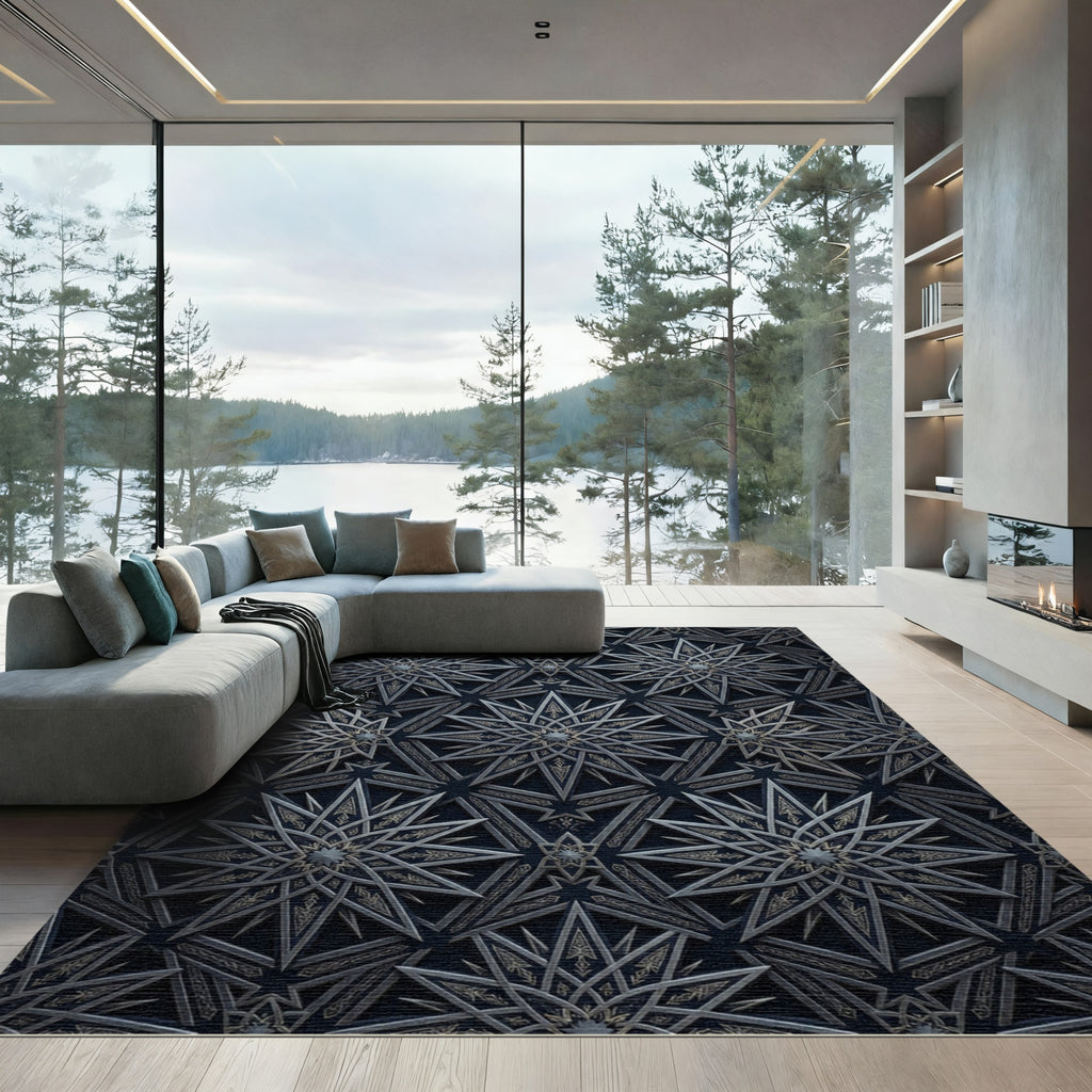 Dark Gray Starburst Geometric Relief Rug