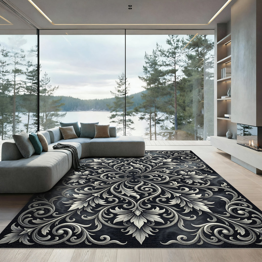 Ornate Ivory Floral Scrollwork Art Rug