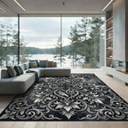Ornate Ivory Floral Scrollwork Art Rug