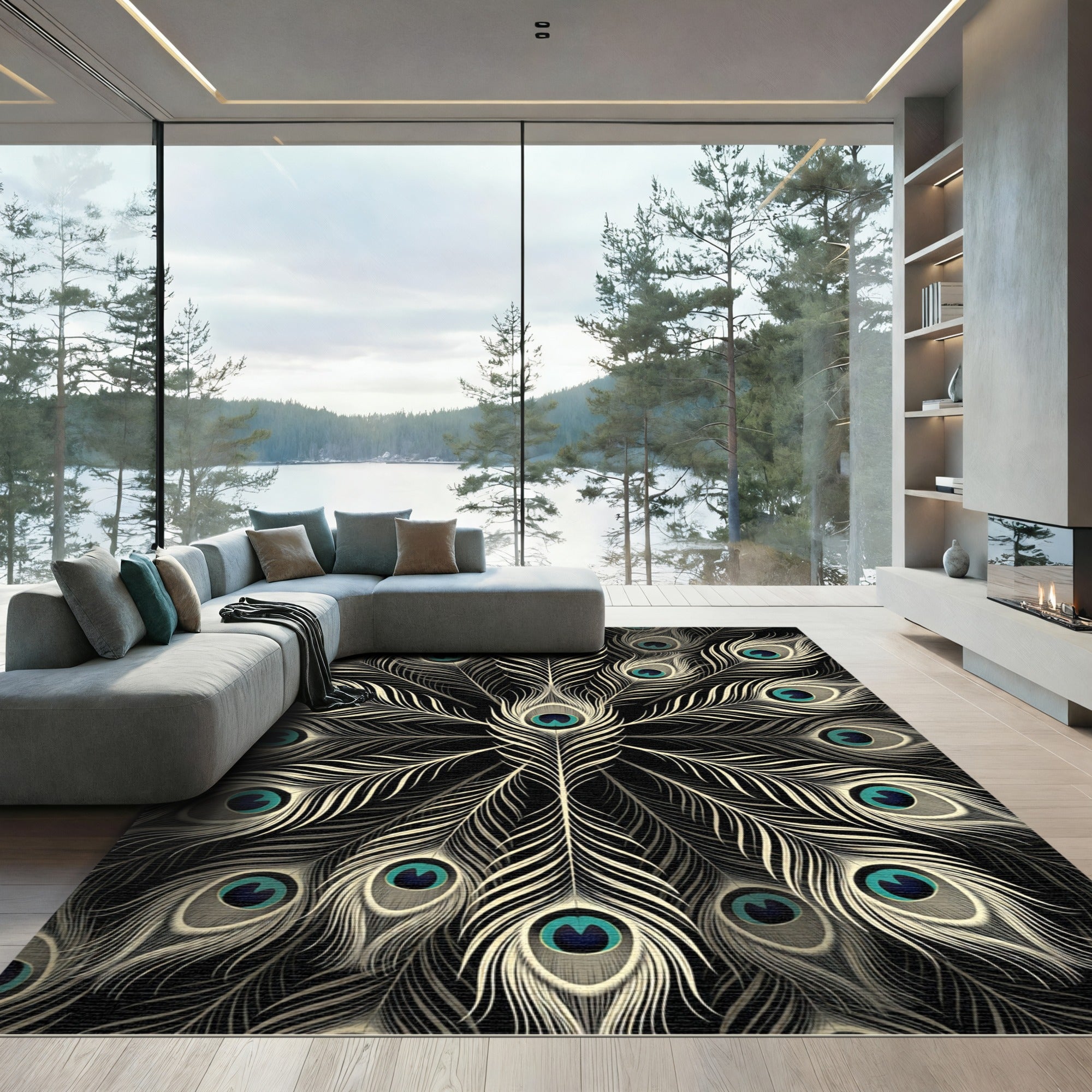 Elegant White Peacock Feather Mandala Rug