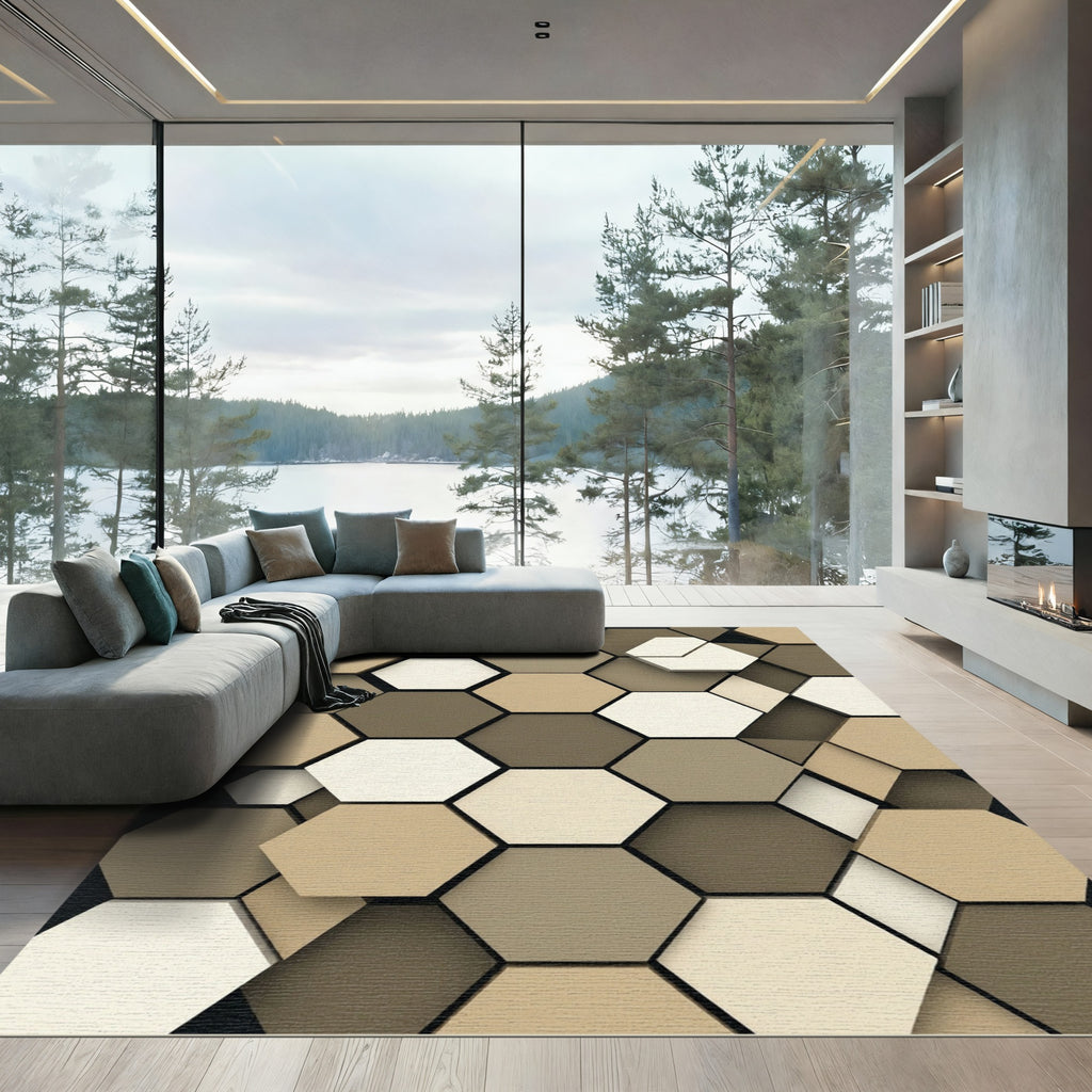 Modern Neutral Earth Tone Hexagon Rug
