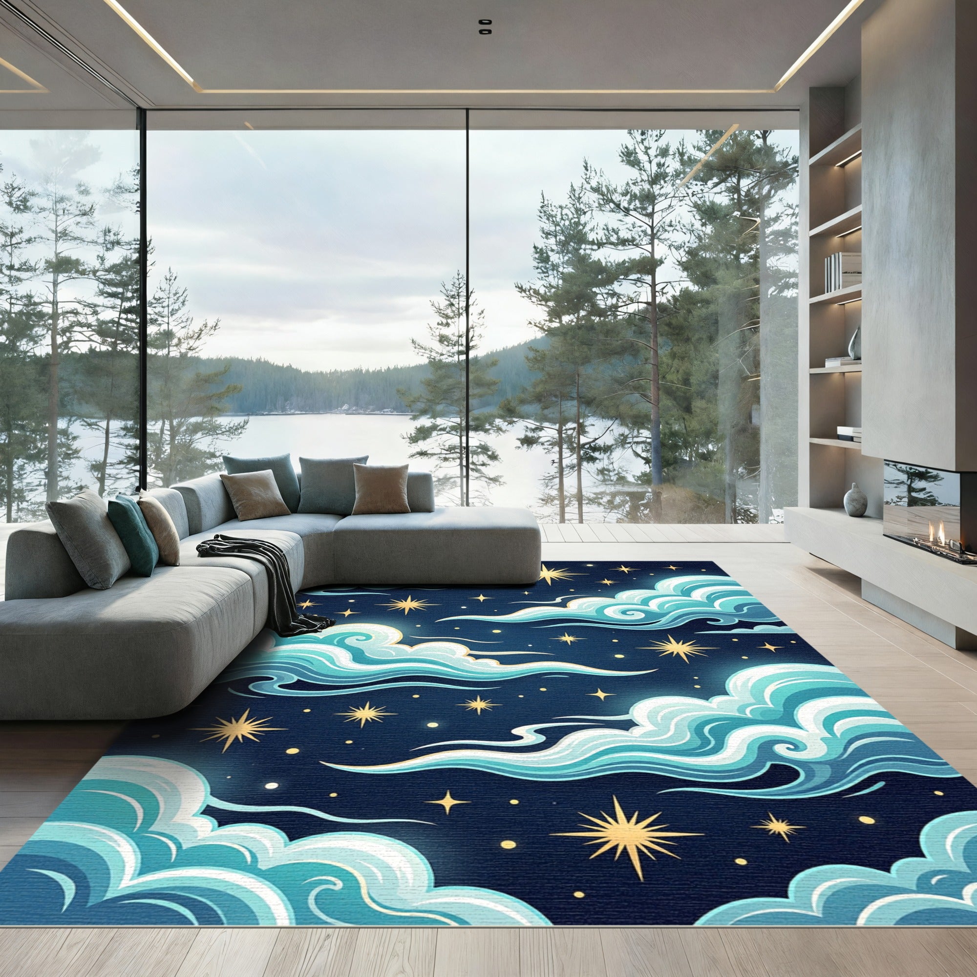 Whimsical Teal Clouds Golden Stars Rug