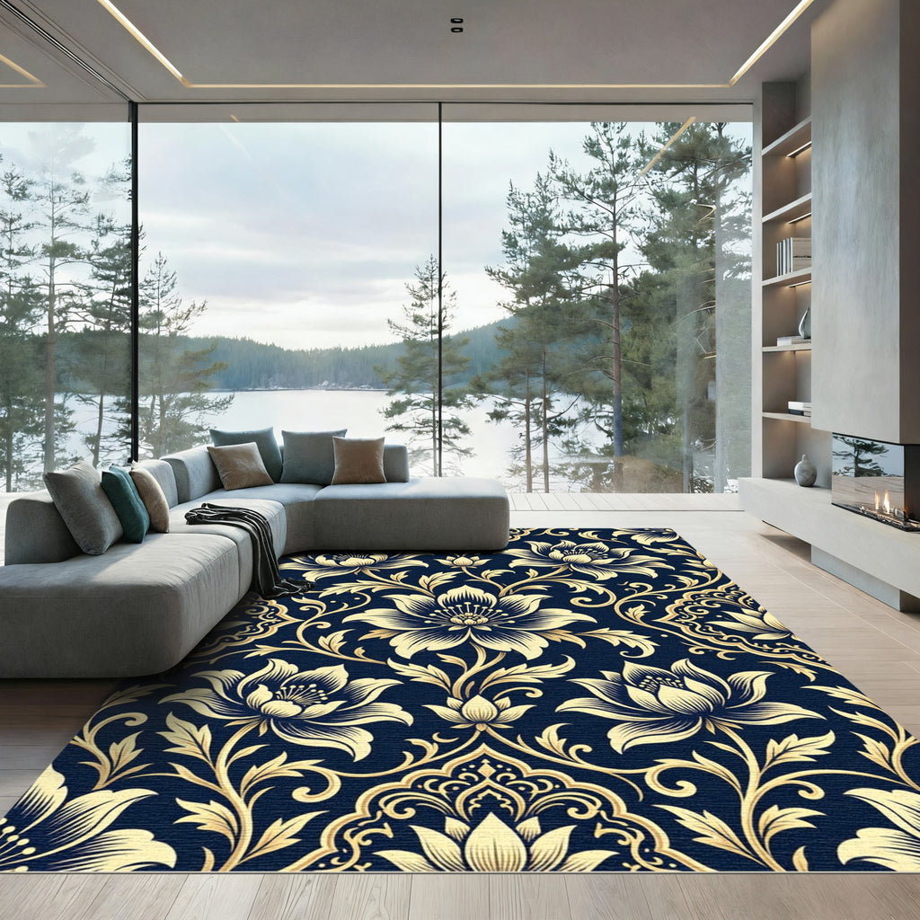 Navy Golden Floral Damask Ornament Rug