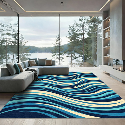 Abstract Blue Curved Wave Flow Rug