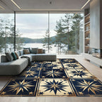 Vintage Nautical Navy Gold Compass Grid Rug