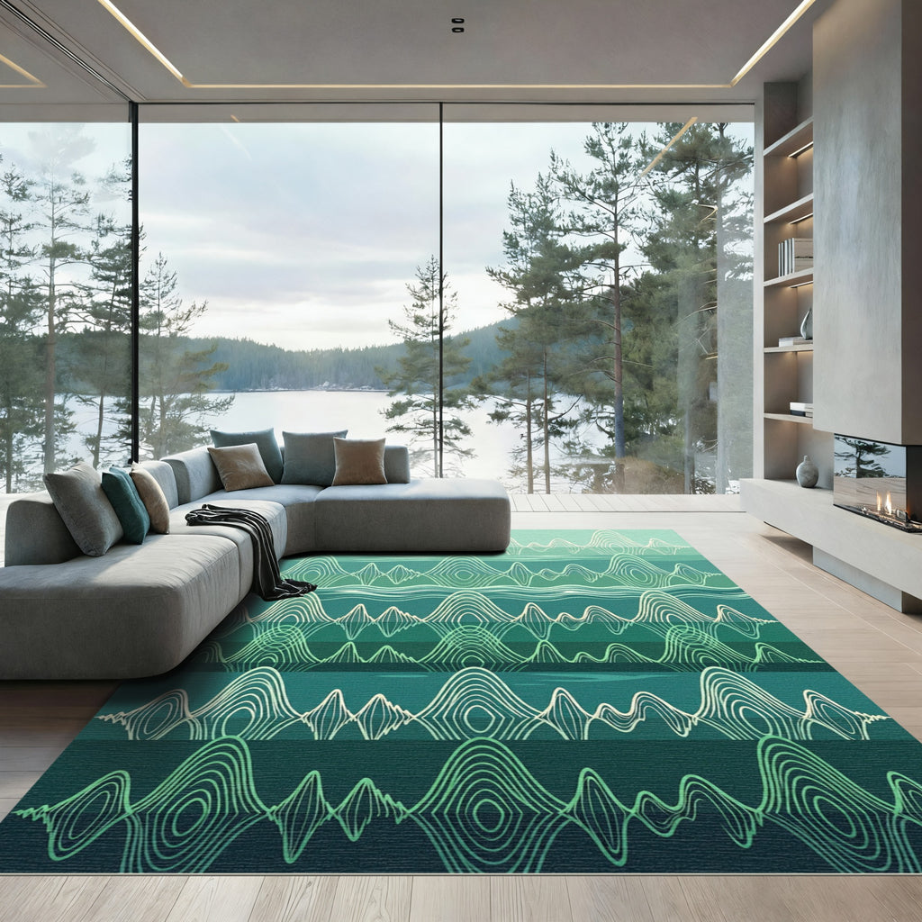 Teal Ocean Wave Sound Abstract Rug