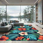 Lush Tropical Hibiscus and Palm Leaf Rug