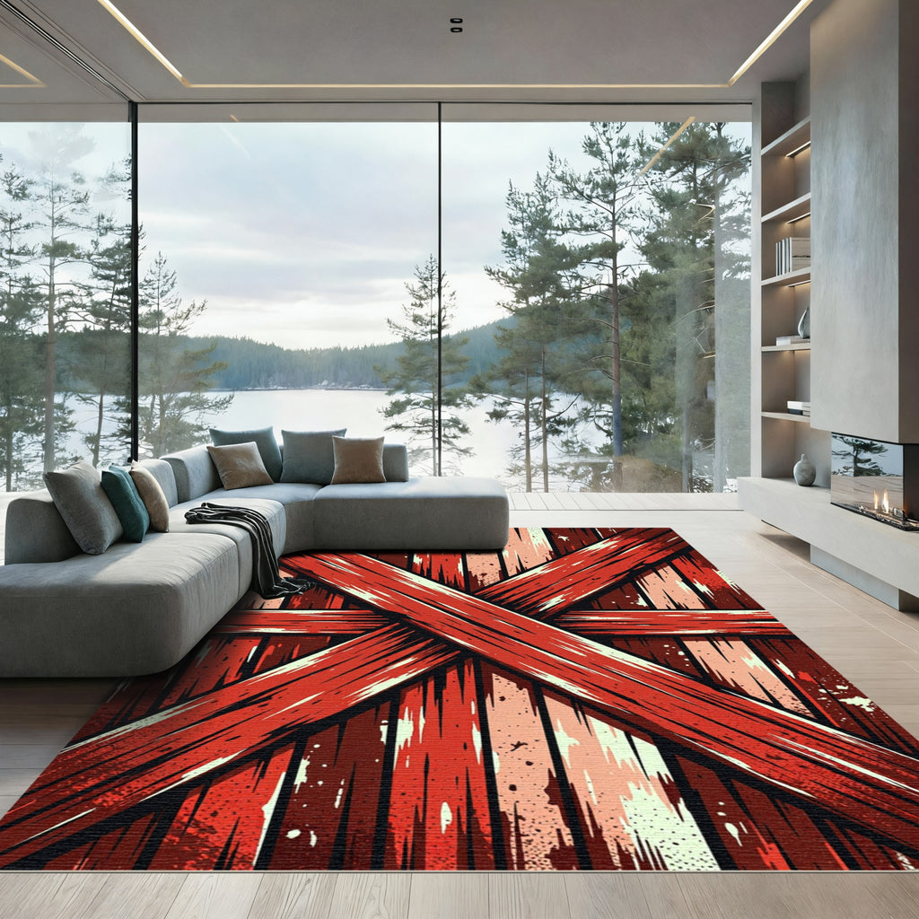 Rustic Crimson Distressed Wood Cross Rug