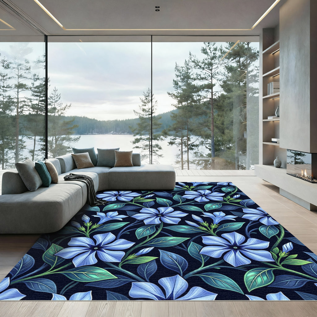 Vibrant Blue Vinca Floral Swirl Rug