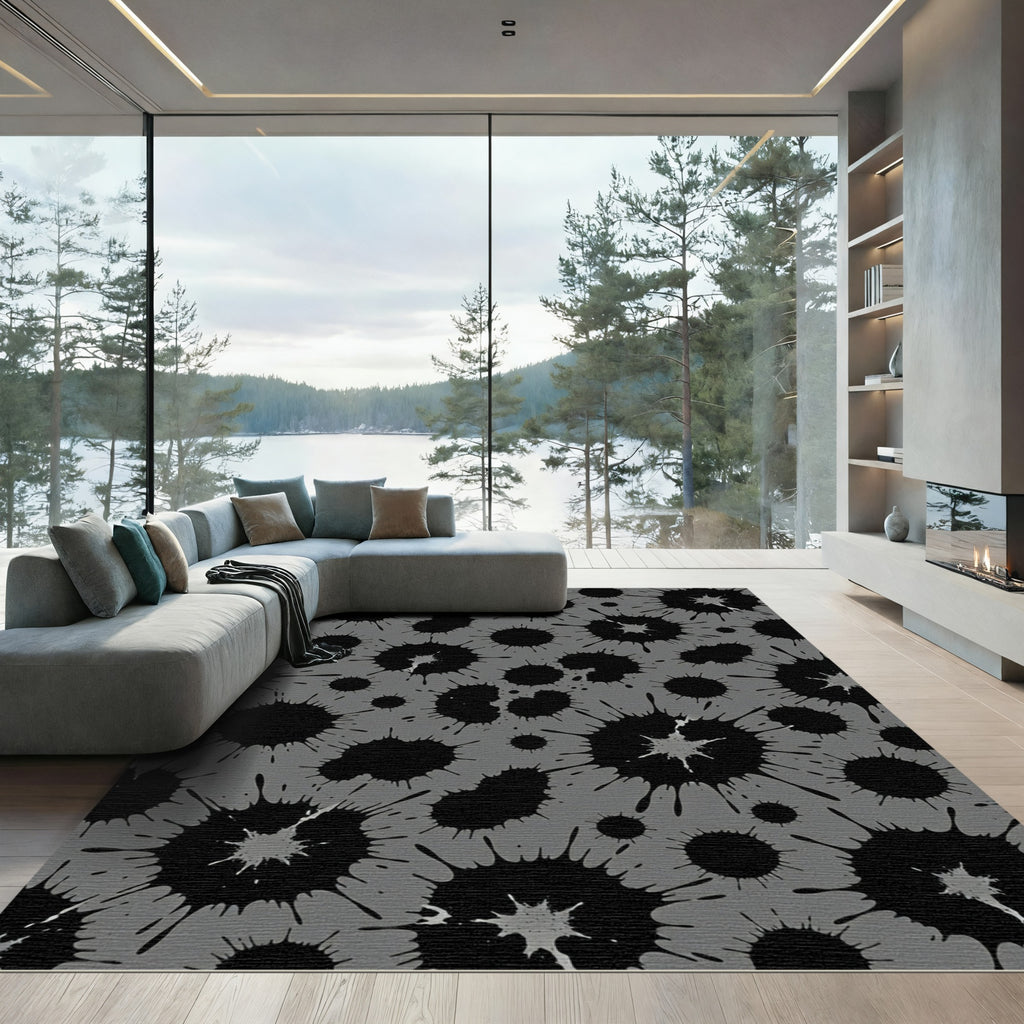 Monochromatic Abstract Charcoal Ink Splatter Rug
