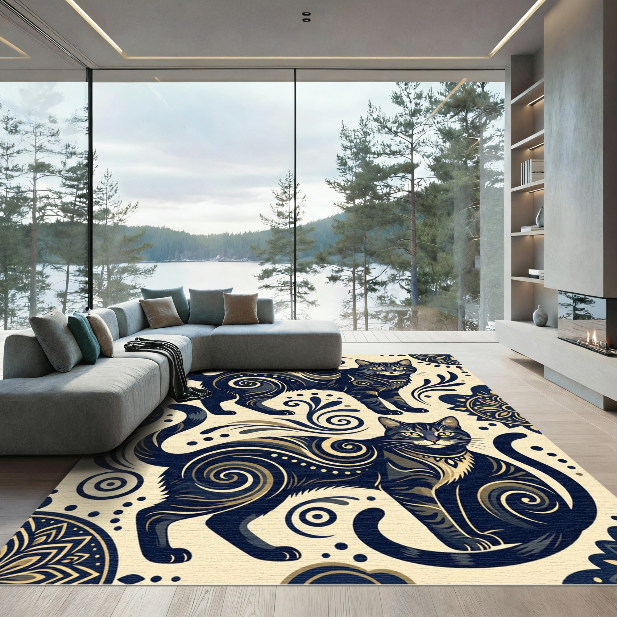 Elegant Midnight Feline Scroll Art Rug