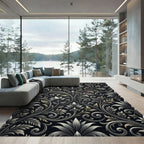 Ornate Black and Gold Acanthus Scroll Rug