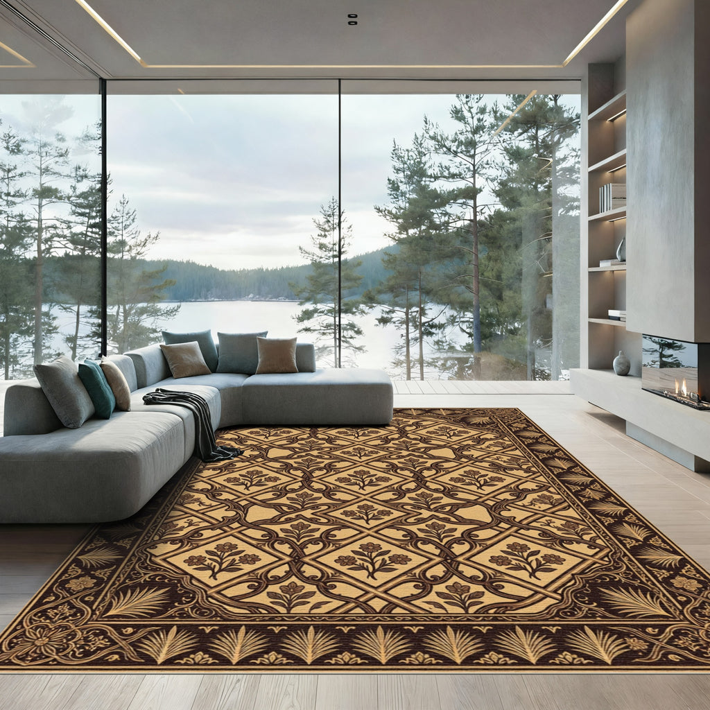 Brown Golden Floral Lattice Rug