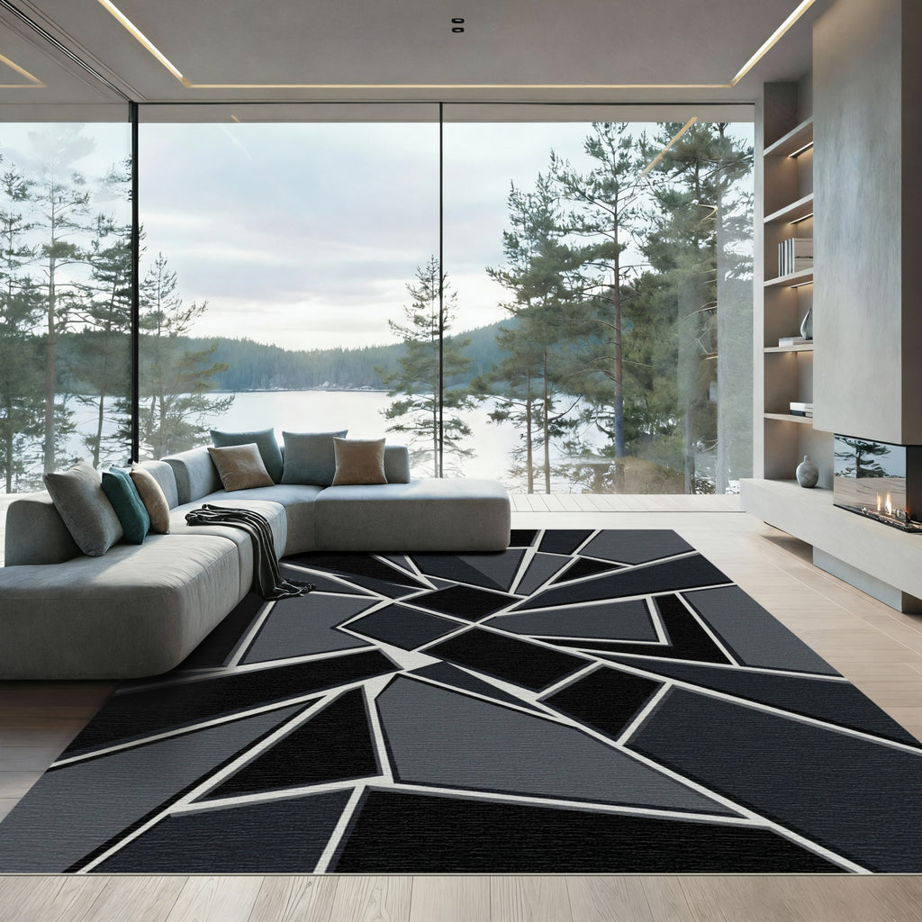 Modern Black Gray Geometric Fragment Rug