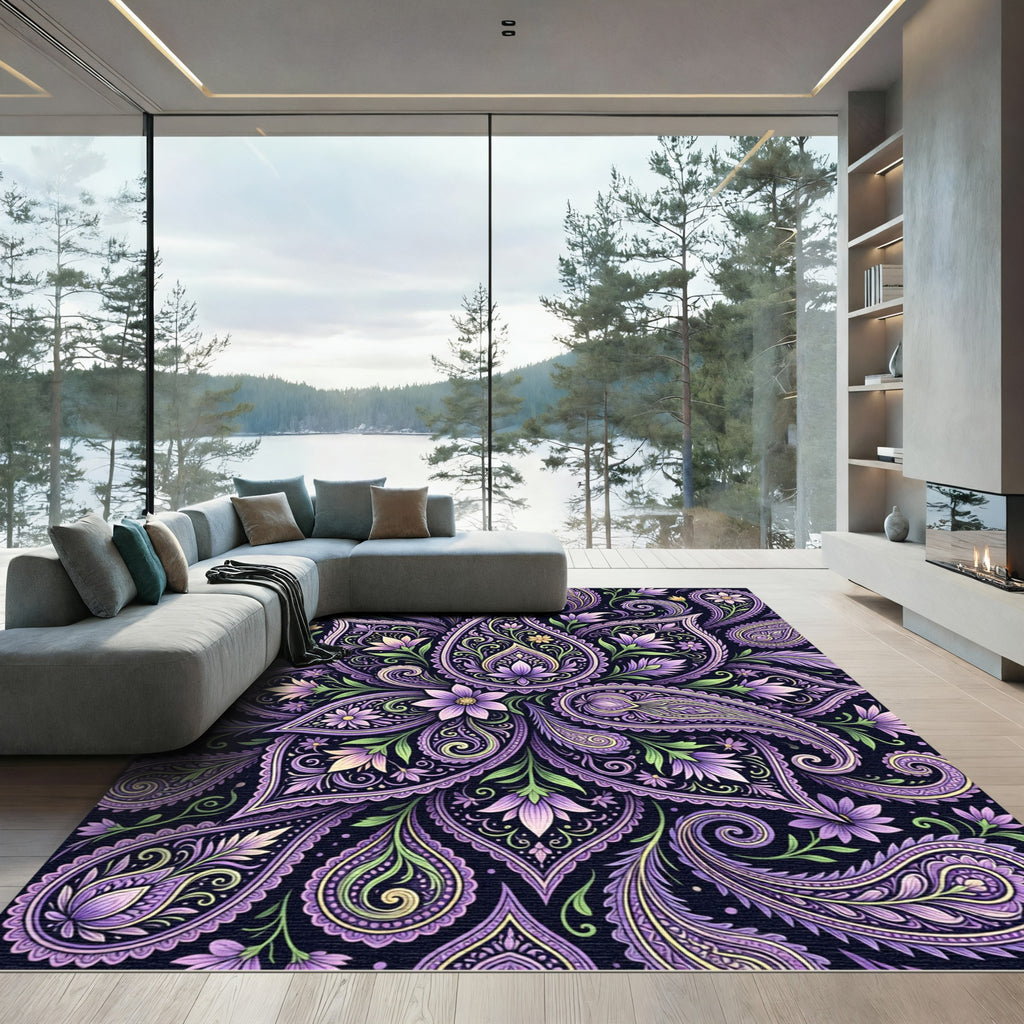 Rich Violet Paisley Floral Swirls Rug