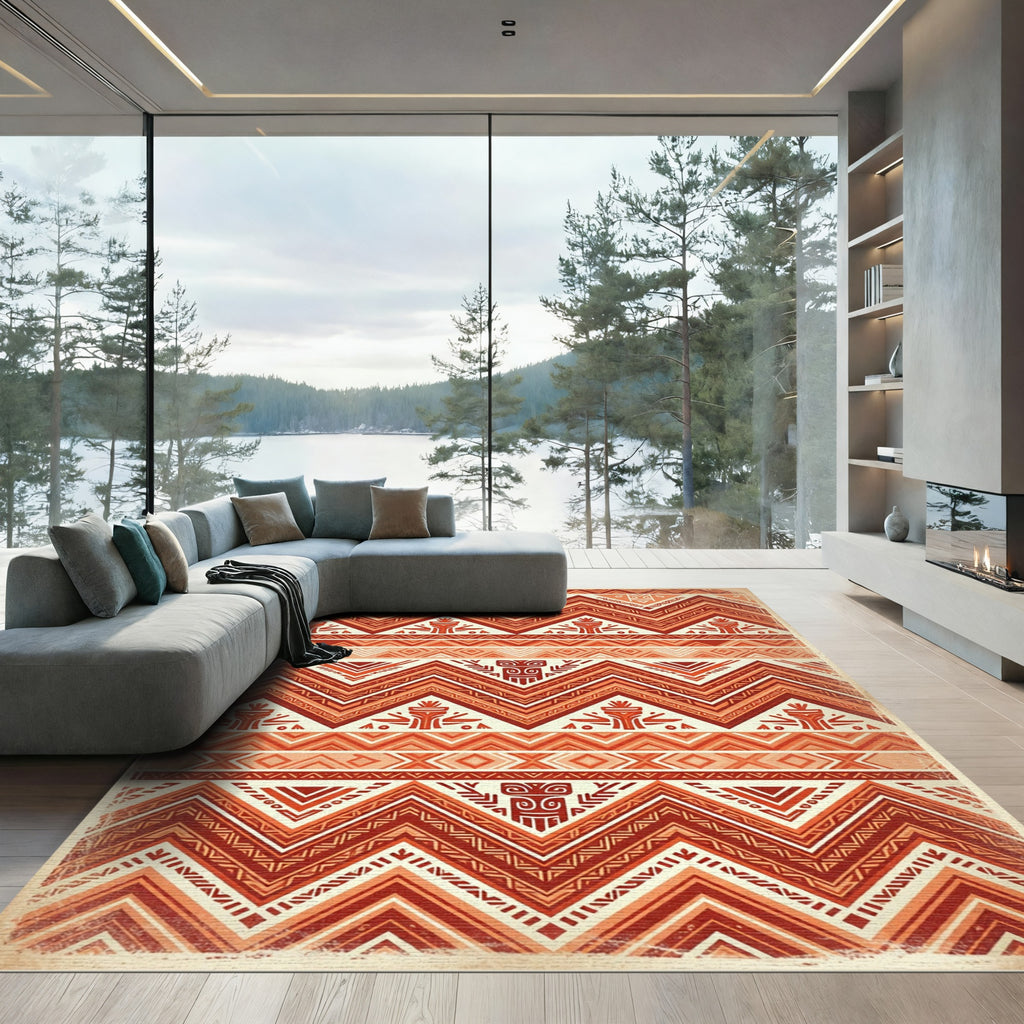 Earthy Terracotta Geometric Tribal Chevron Rug