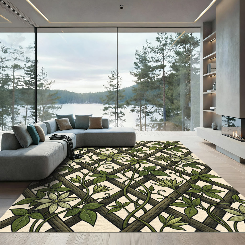 Earthy Green Clematis Lattice Trellis Rug