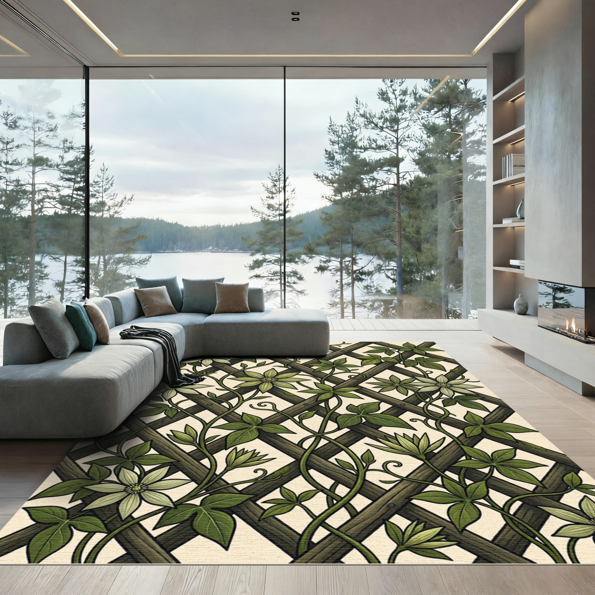 Earthy Green Clematis Lattice Trellis Rug