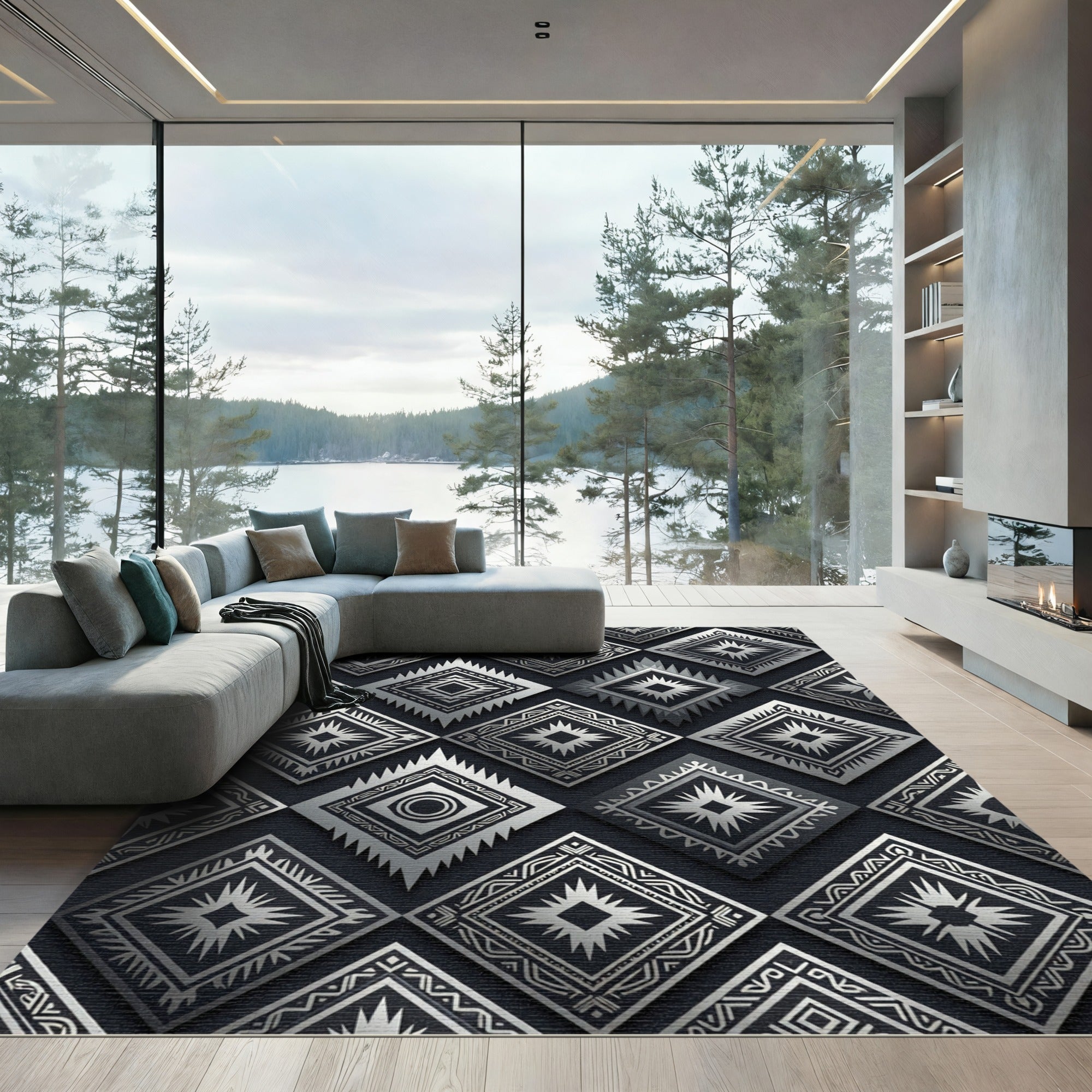 Metallic Silver Geometric Tribal Diamond Rug