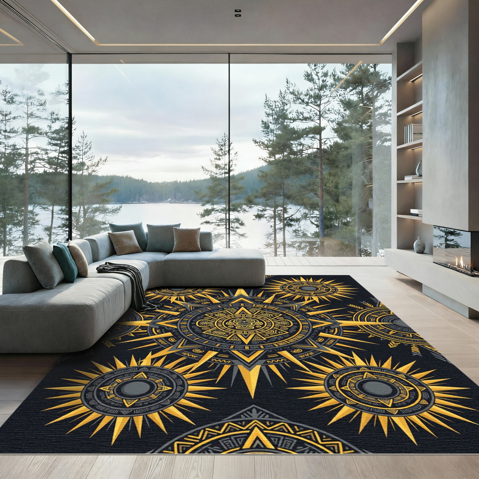 Golden Aztec Sunburst Celestial Medallion Rug