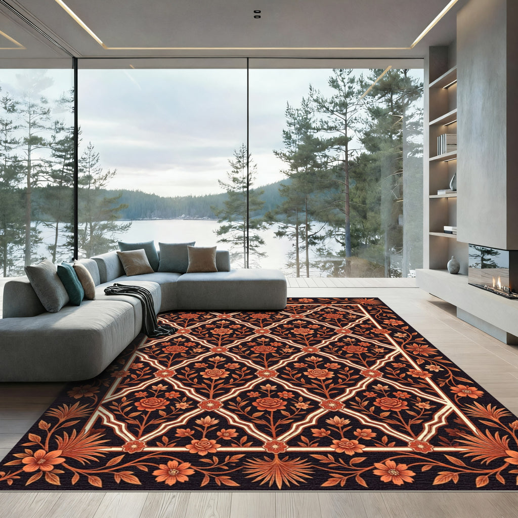 Terracotta Floral Lattice Scrollwork Rug