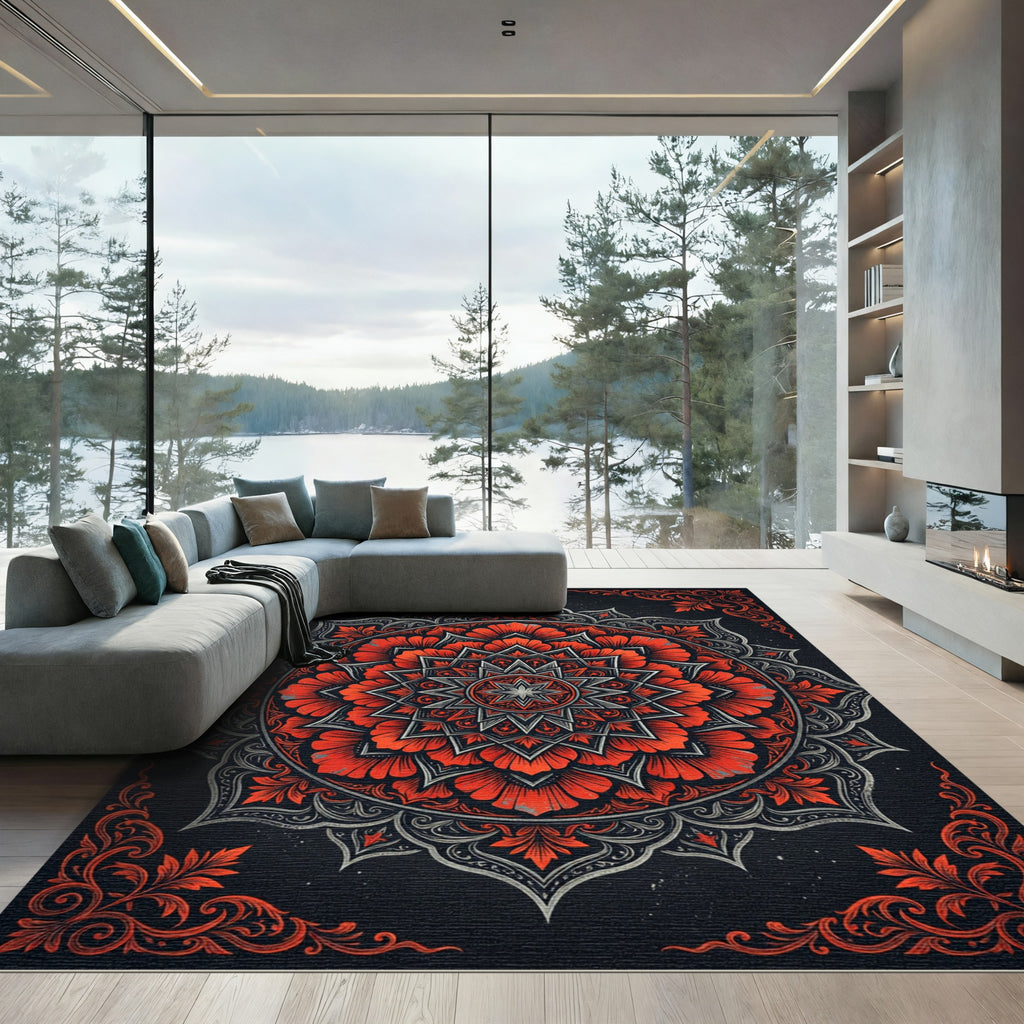 Crimson Botanical Mandalas on Charcoal Round Rug