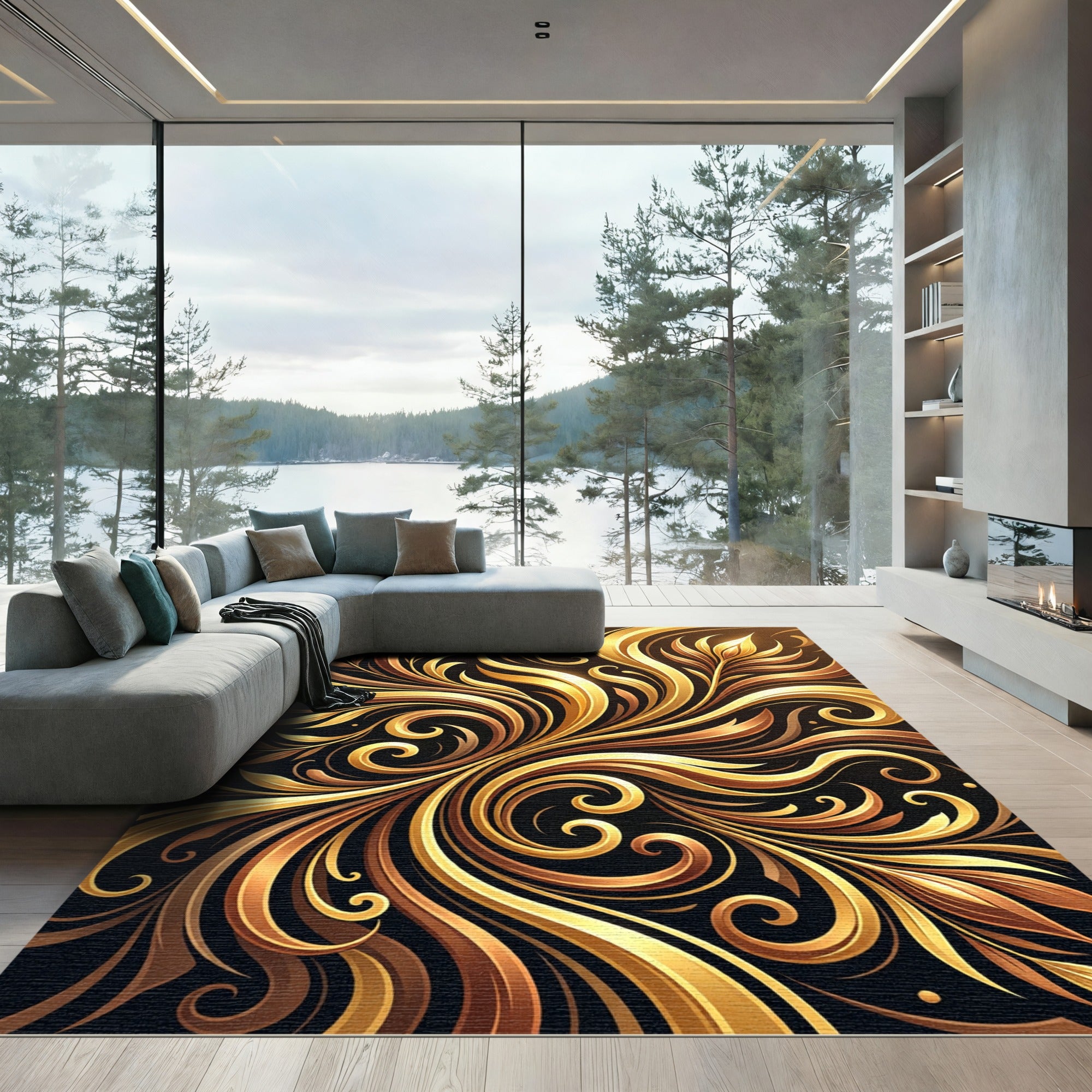 Elegant Gilded Swirl Floral Art Rug