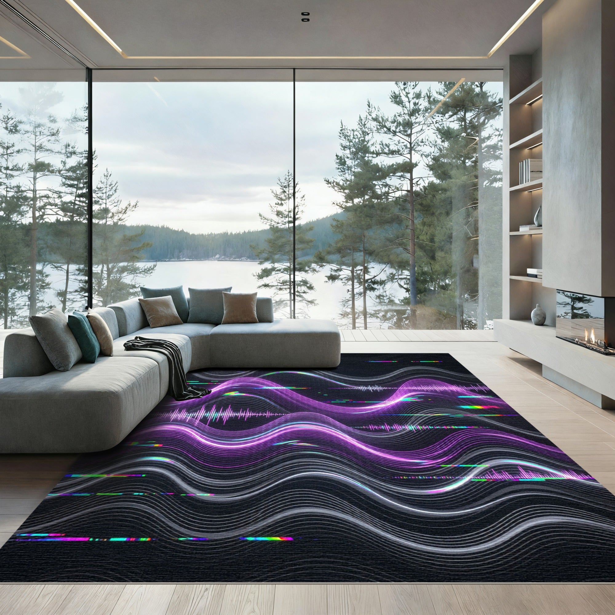 Neon Glitch Wave Abstract Radiant Rug