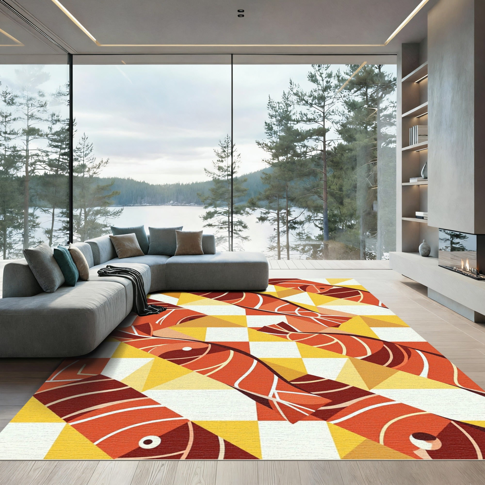 Orange Fish Geometric Mosaic Rug