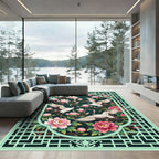Elegant Crane Magnolia Sage Peony Art Rug