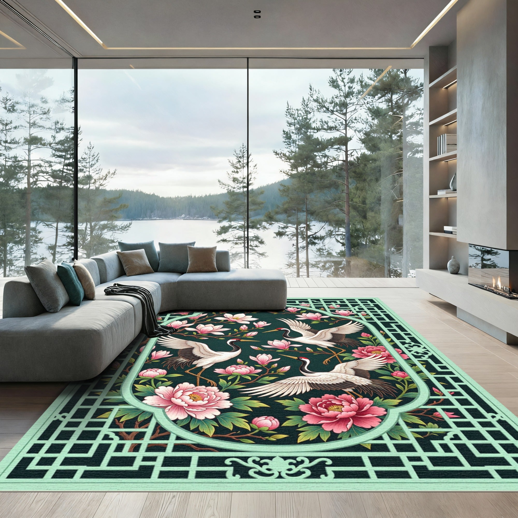 Elegant Crane Magnolia Sage Peony Art Rug