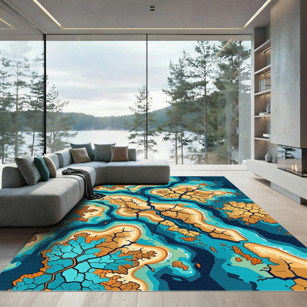 Abstract Teal Orange Cracked Earth Rug
